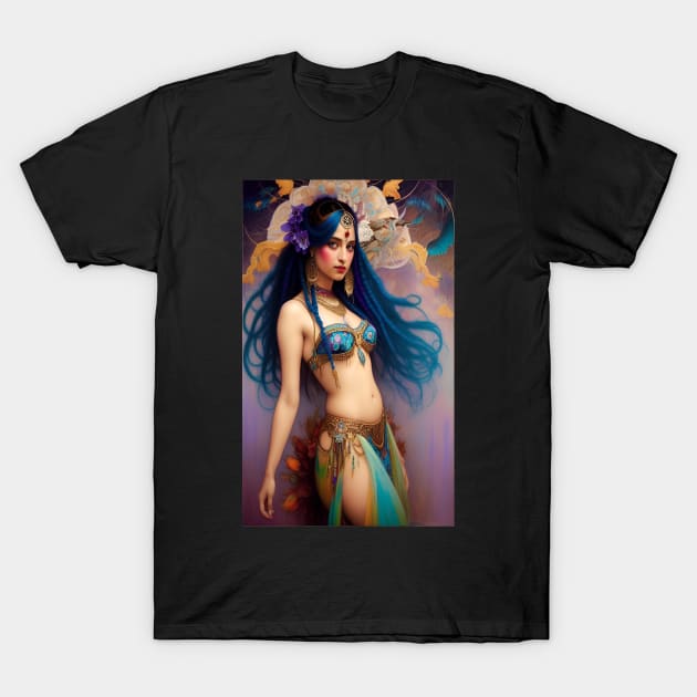 Dancing Art a Exotic Floral Blue Haired Belly Dancer T-Shirt by ZiolaRosa